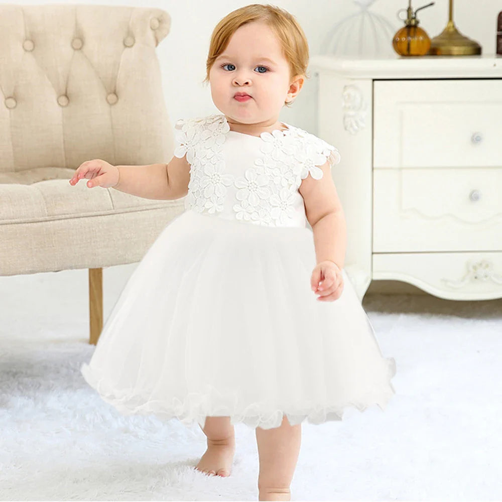 Robe de baptême pour bébé fille, en dentelle blanche, motif de fleurs, en Tulle, pour fête d'anniversaire, robe de mariage pour nouveau-né, 1 an