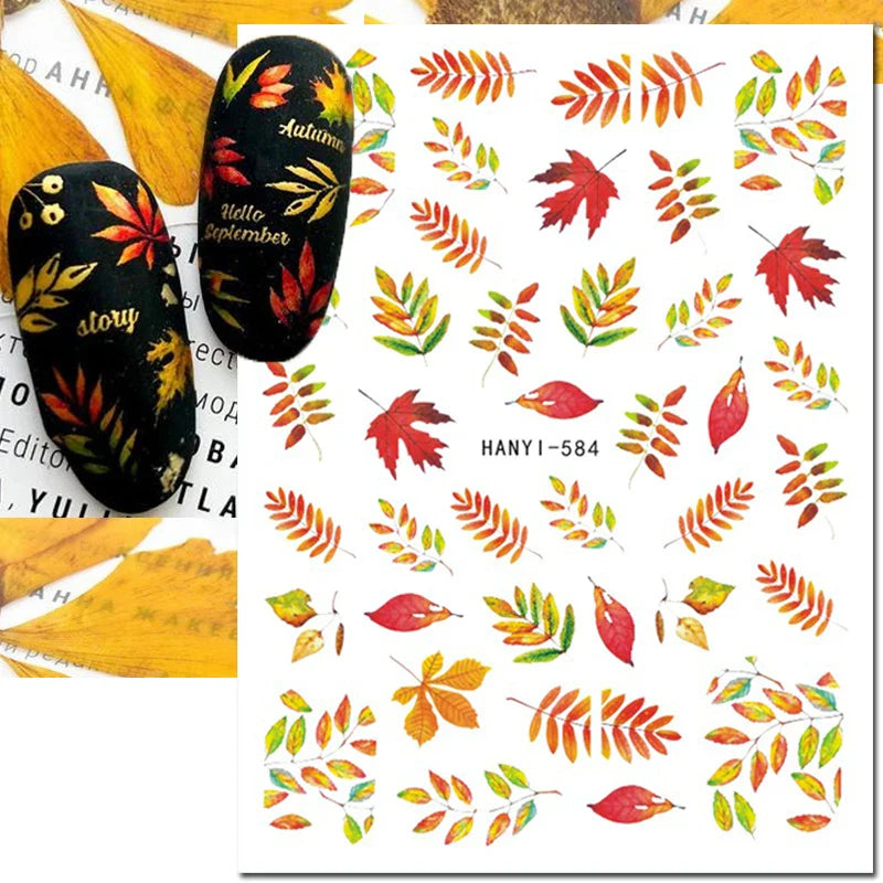 Autocollants 3D pour ongles Hiver Automne Feuilles dorées Roses Rouges Fleurs Décalcomanies pour la décoration des ongles Salon de manucure Beauté