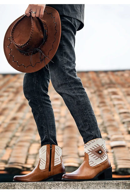Cowboy Classic Fashionable Embroidered Pull On Boots with Wide Square Toe Western Retro Boot Durable 2025 Boots For Men