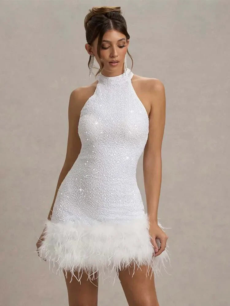 Robe élégante en Patchwork de plumes et de paillettes, col licou, sans manches, épaules dénudées, taille cintrée, Slim, Robe de soirée pour dames