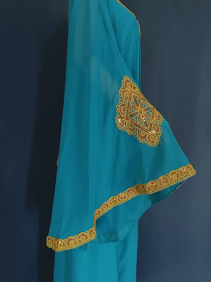 Abaya-Robes de soirée pour femmes, caftan musulman, manches évasées, robe brodée en dentelle dorée, trempée Jalabiya, Ramadan, ensemble de 2 pièces