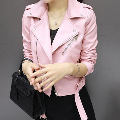 Women Faux Leather Jacket Turn-down Collar Zip-up Zipper Rivet Decor Motorcycle Coat Long Sleeves Female Outerwear Lady Clothing