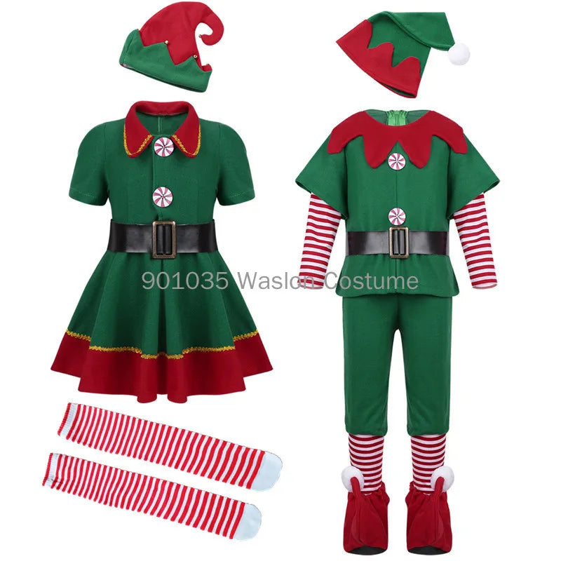 Costumes d'elfes de Noël pour femmes, costume de Noël et d'Halloween, robe d'elfe verte et rouge à manches longues pour filles, costume de Noël pour enfants