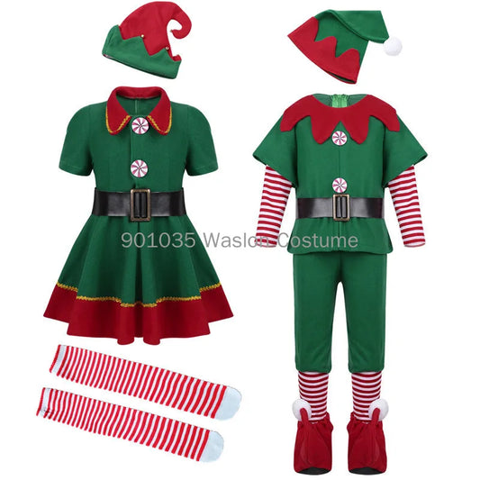 Christmas Elves Costumes Women Christmas Halloween Costume Long Sleeve Green and Red Girl Elf Dress KIDS Christmas Costume