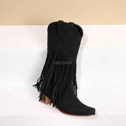 Nouvelles bottes de cowboy rétro ethniques pour femmes avec pompon à talon moyen, chaussures d'hiver pour femmes