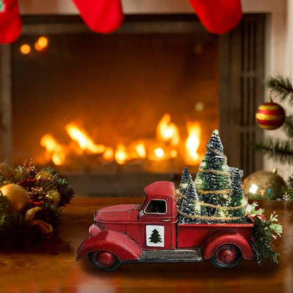 Christmas Retro Red Truck Ornaments Metal Car With Mini Green Tree And Box Xmas Table Decoration