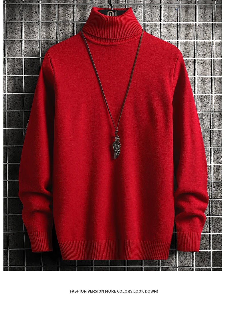 Pulls Hommes Chandails Tricotés Col Roulé Couleur Unie Épaisse Décontractée Manches Longues Haut Tricoté Épissé Pull Coupe Slim Automne Hiver