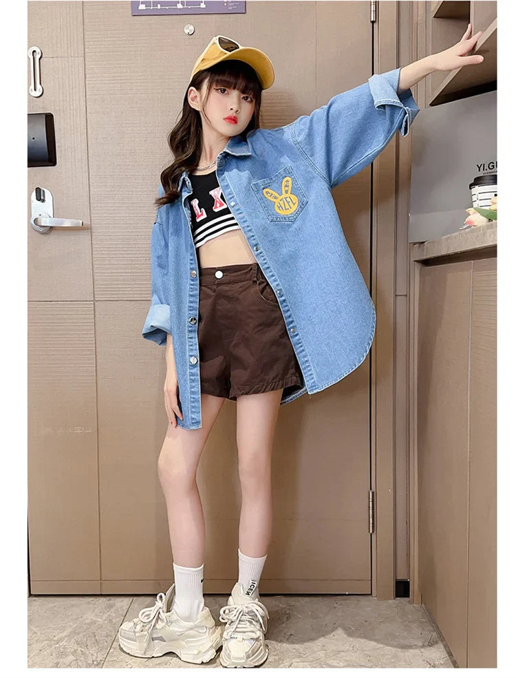 Chemisiers en Denim de Cowgirl de haute couture avec imprimé de lapin pour adolescente, chemise en Denim ample et décontractée à manches longues pour enfants