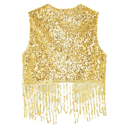 Mens Cowboy Western Costume Shiny Vintage 70s Disco Costumes Fringe Sequin Waistcoat Sleeveless Open Front Cropped Vest Cardigan