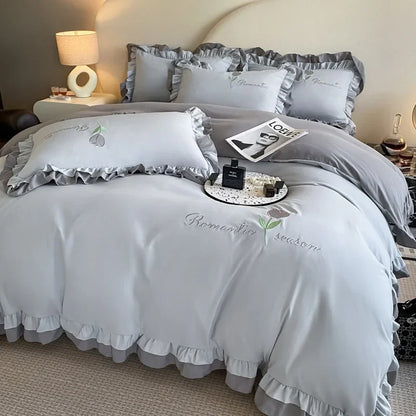 Elegance French Style Bedding Set Duvet Cover Set High Quality  2024 New Lace Princess Embroidery Double Layer Edge King Queen