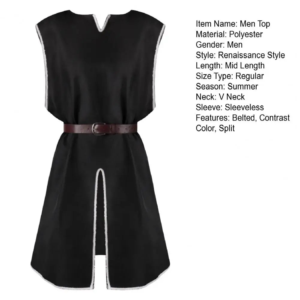 Tunique Viking Médiévale Chemise Col V Sans Manches Avec Ceinture Mi-Longue Grande Taille Cosplay Performance Déguisement Halloween Haut de Pirate
