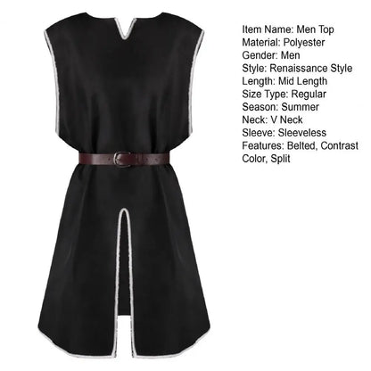 Tunique Viking Médiévale Chemise Col V Sans Manches Avec Ceinture Mi-Longue Grande Taille Cosplay Performance Déguisement Halloween Haut de Pirate