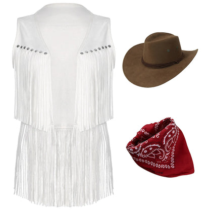 Women Cowboy Vest Halloween Party Western Cowgirl Cosplay Costume Faux Suede Tassel Fashion Rivets Waistcoat with Bandanna Hat