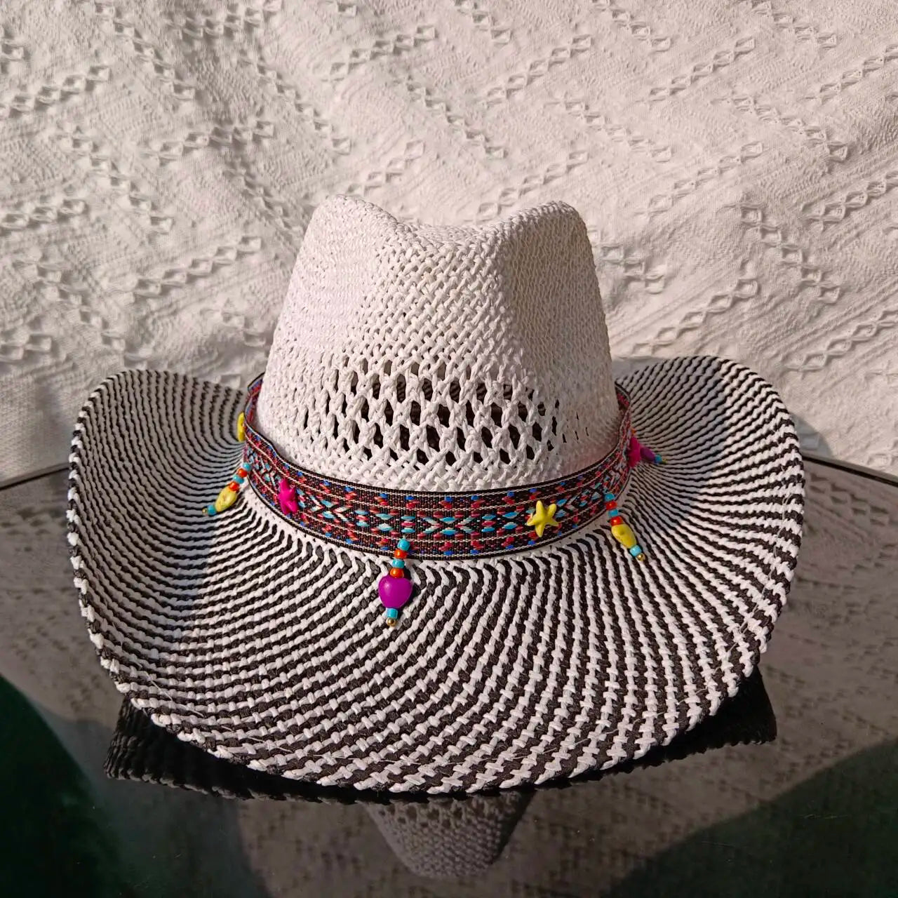 Chapeau de paille de cowboy vert matcha, tissé à la main, creux, pour hommes et femmes, chapeau de soleil d'été, chapeau de paille de cowboy occidental