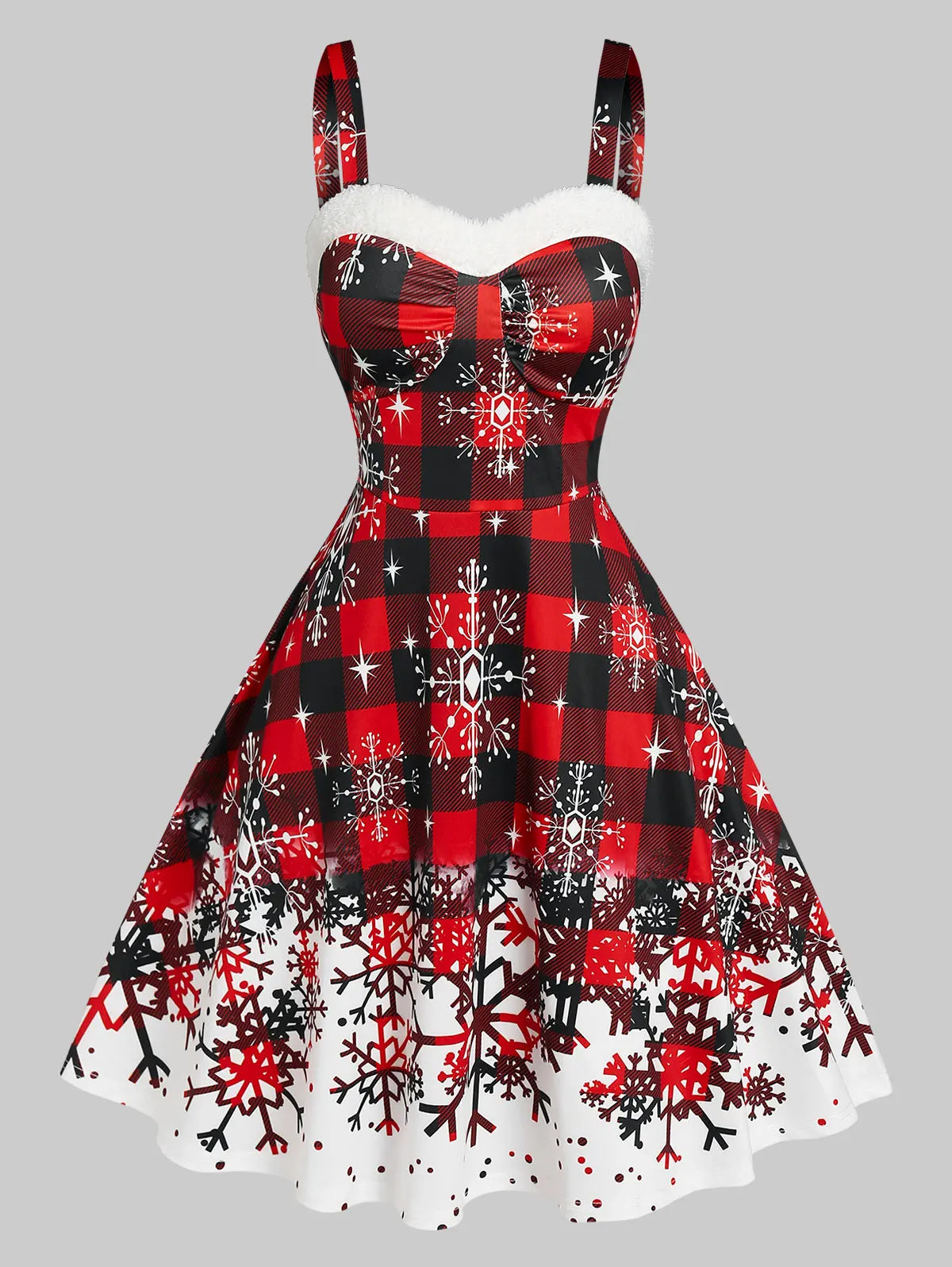 Women's Plaid Christmas Party Dress, Snowflake Print, Fiber Dress, Sweetheart Neck, Christmas Dresses, New, Educational, 2024