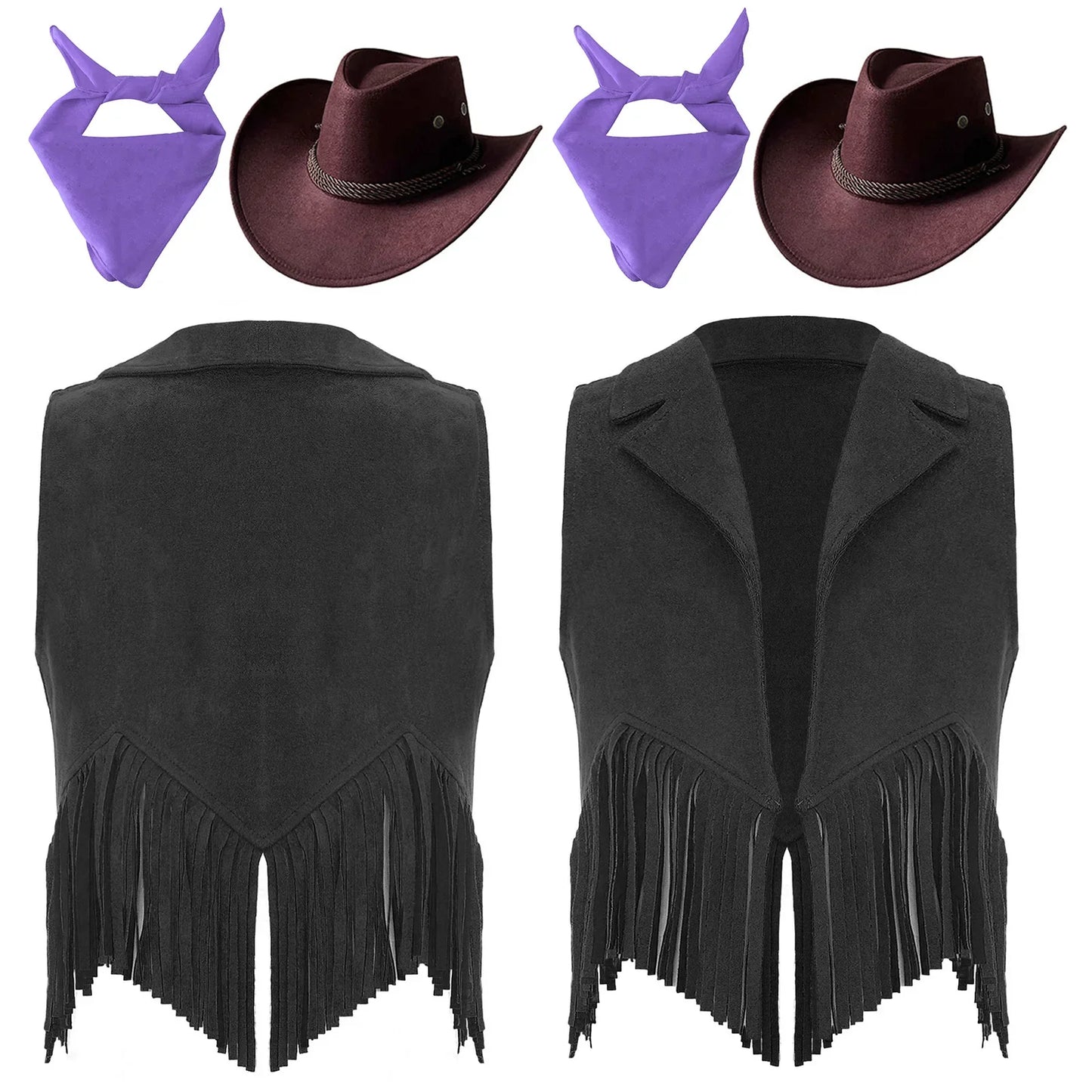 Costume de cosplay pour filles, cow-girl western, gilet en daim rétro à franges, ouvert sur le devant, avec bandana, foulard et chapeau pour Halloween et le carnaval