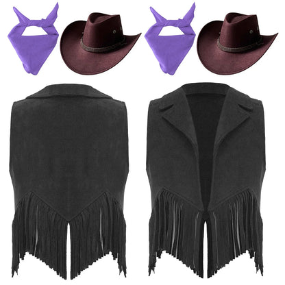 Girls Western Cowboy Cowgirl Cosplay Costume Open Front Retro Suede Tassels Vest with Bandana Scarf Hat for Halloween Carnival