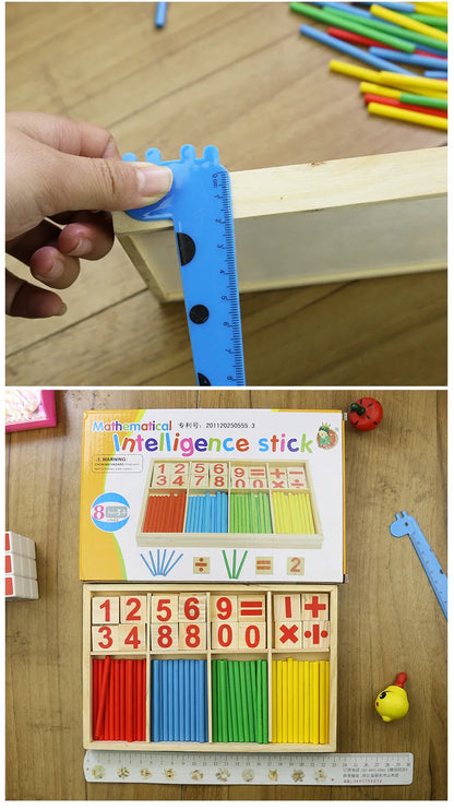 Children's math teaching aids, counting sticks, arithmetic learning box, wooden educational toys, Montessori education