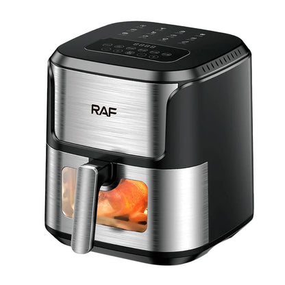 Friteuse à air chaud 5L, four électrique avec commandes tactiles, panier antiadhésif et hublot, idéal pour la cuisine et la famille.