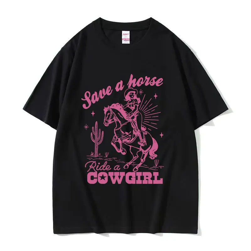 T-shirt décontracté unisexe en coton imprimé "Save A Horse Ride A Cowgirl", style rétro esthétique, Streetwear mode