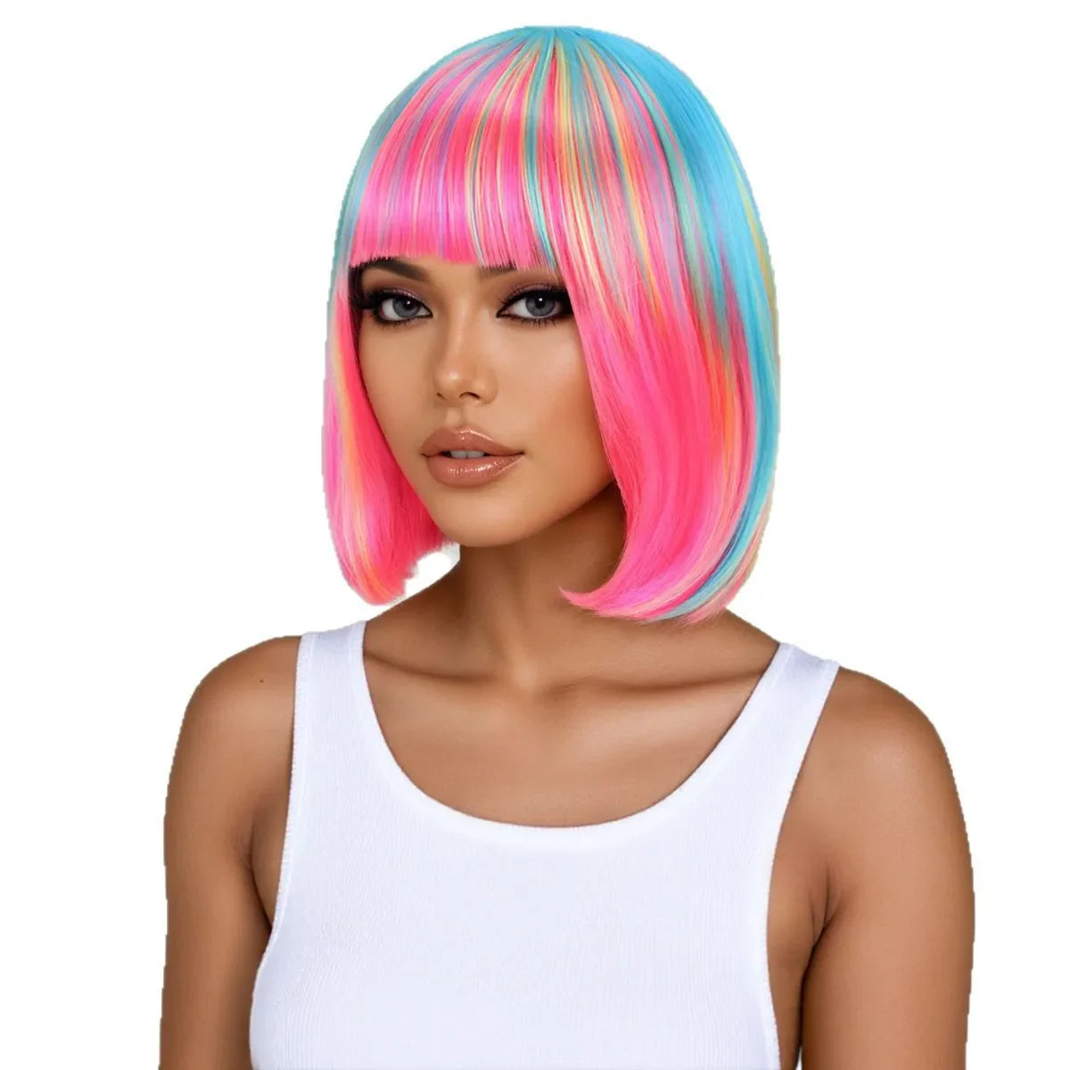 Perruque synthétique multicolore arc-en-ciel pour fêtes quotidiennes, perruque cosplay Halloween, perruque coiffure bob, couvre-chef