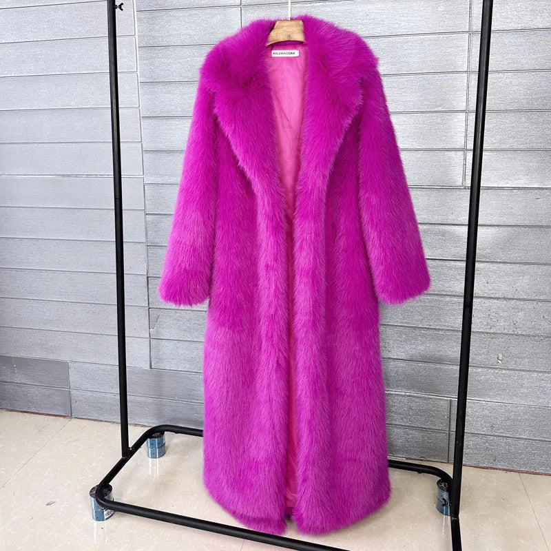Manteau long en fausse fourrure pour femmes, veste surdimensionnée d'automne-hiver, col rabattu blanc, poches, manteau épais, vestes chaudes, manteaux maxi