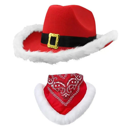 Chapeau de cowboy de Noël lumineux tendance, chapeau de jazz de cowgirl en feutre rouge à large bord pour hommes et femmes