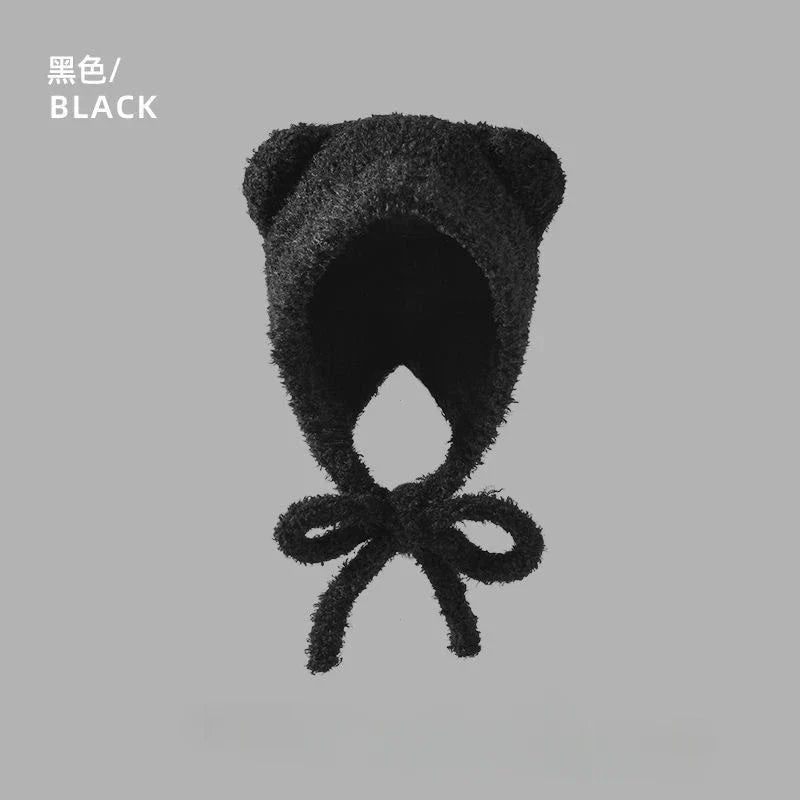 Chapeau en laine avec oreilles d'ours pour femme, bonnet de protection des oreilles à lacets, bonnets de bombardier pour l'extérieur, chaud, mode, cadeau de nouvel an, automne, hiver