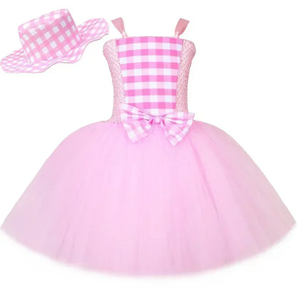 Movie Barbi Costume for Girls Margot Robbie Pink Plaid Tulle Tutu Dress Kids Halloween Birthday Party Princess Dress Up Clothes