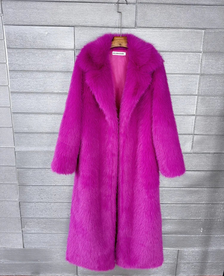 Manteau long en fausse fourrure pour femmes, automne hiver, grande taille, col rabattu blanc, poches, épais et chaud, manteau long maxi