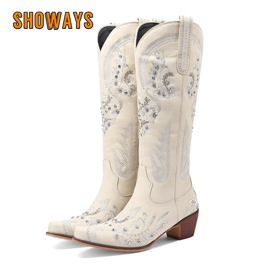 Bottes de cowboy occidentales au genou pour femmes, broderie de fleurs, biscuits, blanc, marron, rond, Parker, talons hauts, rétro, bottes longues de cowgirl