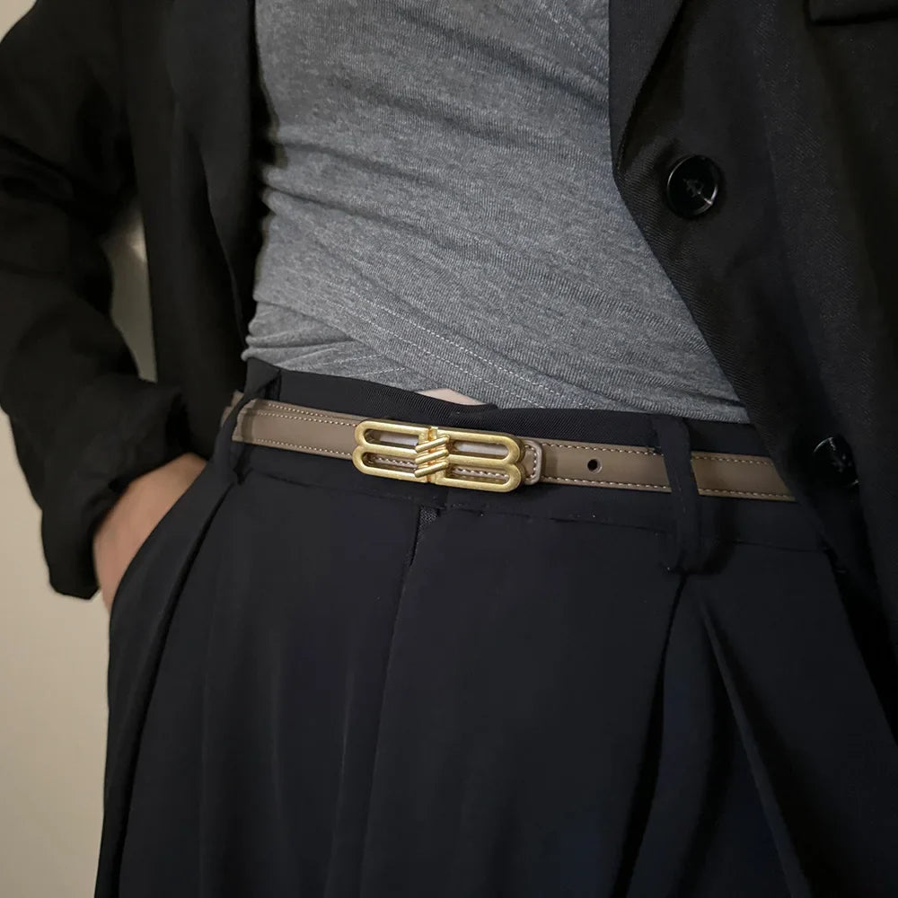 Women's genuine cowhide leather belt, luxury bb bucket, elegant design, denim belt, thin belt