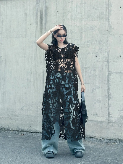 [EWQ] Chic belle Robe européenne à la mode femmes vêtements crochet à motifs découpe Robe sans manches Robe noire 2025 été nouveau