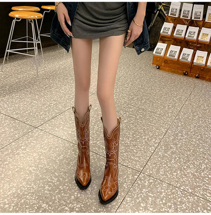 Ods Cowboy Western Boots For Women Real Leather Embroidered Pointed Toe Mid-calf Western Boot Retro Fashion Casual High Quality