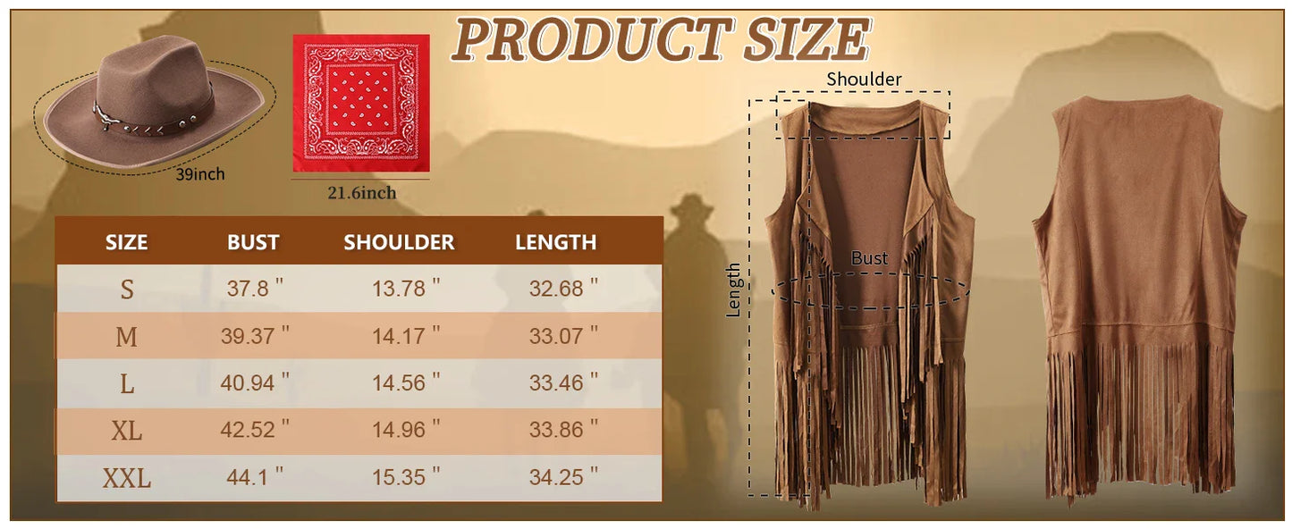 Women's Cowgirl Costume 3 Pcs Faux Suede Fringe Vest with Rivets Cowboy Hat Carnival Party Outfit Clubwear