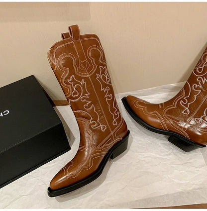 Ods Cowboy Western Boots For Women Real Leather Embroidered Pointed Toe Mid-calf Western Boot Retro Fashion Casual High Quality