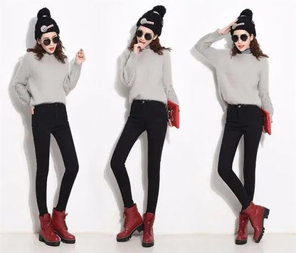 WinterFleece-Lined Thickened High-Waisted Jeans Women's Korean Style Black Slimming Trousers Student Elastic Long Pants