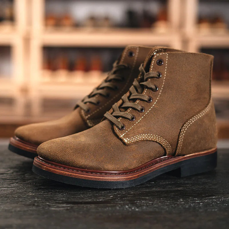 Bottes de Moto rétro en cuir de vache, montantes, durables, soudées Goodyear, chaussures de marche résistantes à l'usure pour hommes