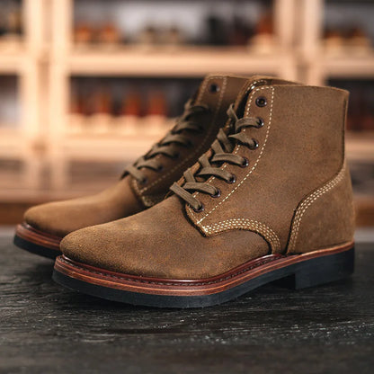 Bottes de Moto rétro en cuir de vache, montantes, durables, soudées Goodyear, chaussures de marche résistantes à l'usure pour hommes