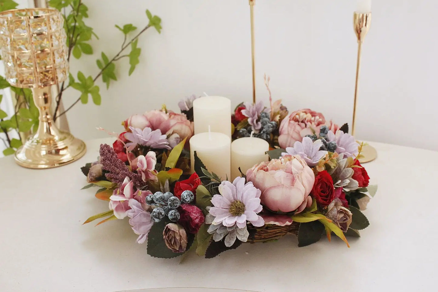 Artificial Retro Peony Flower Wreath 35CM Candlestick Wreath Christmas Halloween Decorative Flower Wedding Home Decor