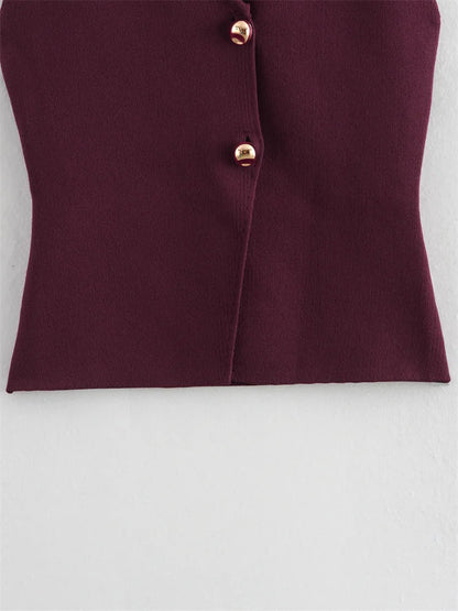 Zevity New Women Fashion V Neck Sleeveless Golden Buttons Knitted Vest Sweater Female Chic Solid Color Slim Cardigan Tops LS6273
