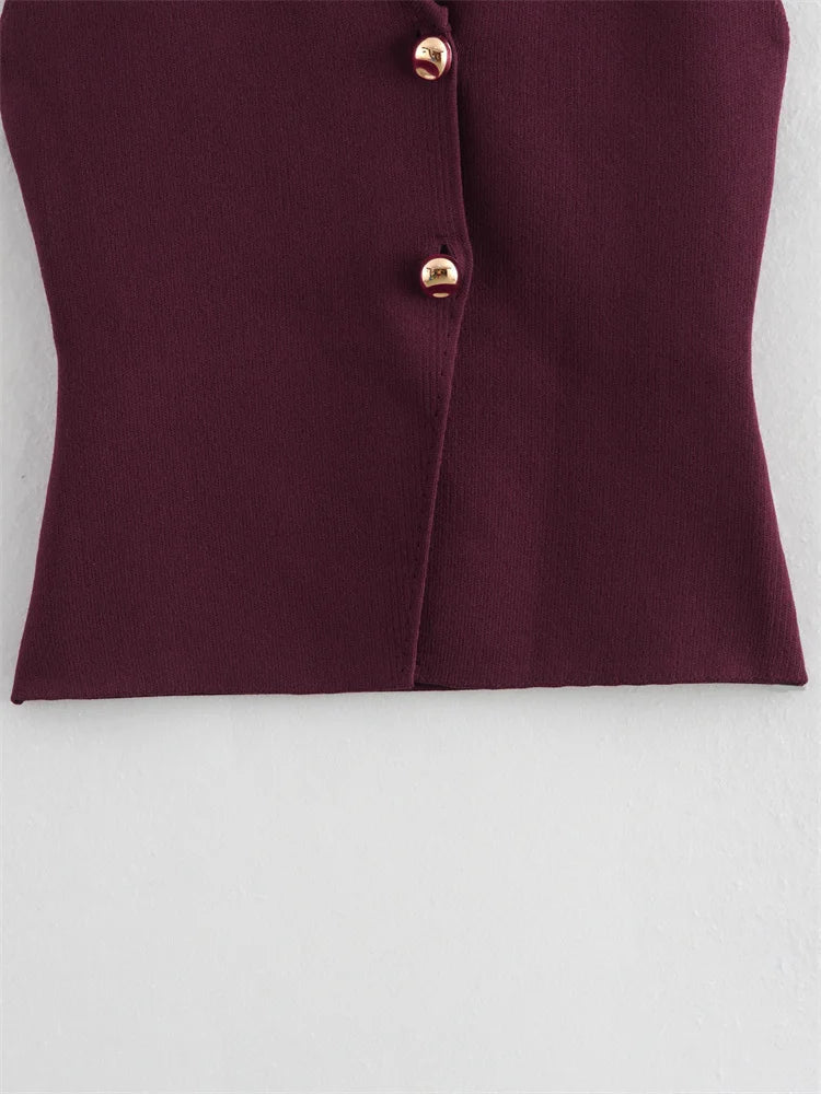 Zevity New Women Fashion V Neck Sleeveless Golden Buttons Knitted Vest Sweater Female Chic Solid Color Slim Cardigan Tops LS6273