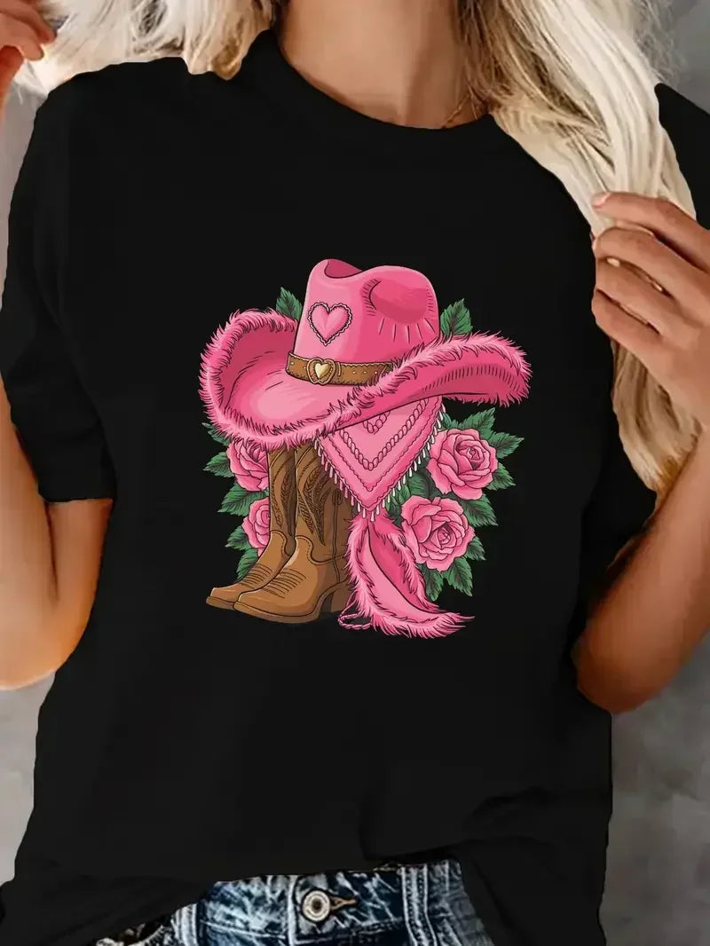 Western Cowboy Hat and Boot Pattern Women's T-shirt Fashionable Casual Short Sleeved Daily Street Round Neck Oversized Women Top