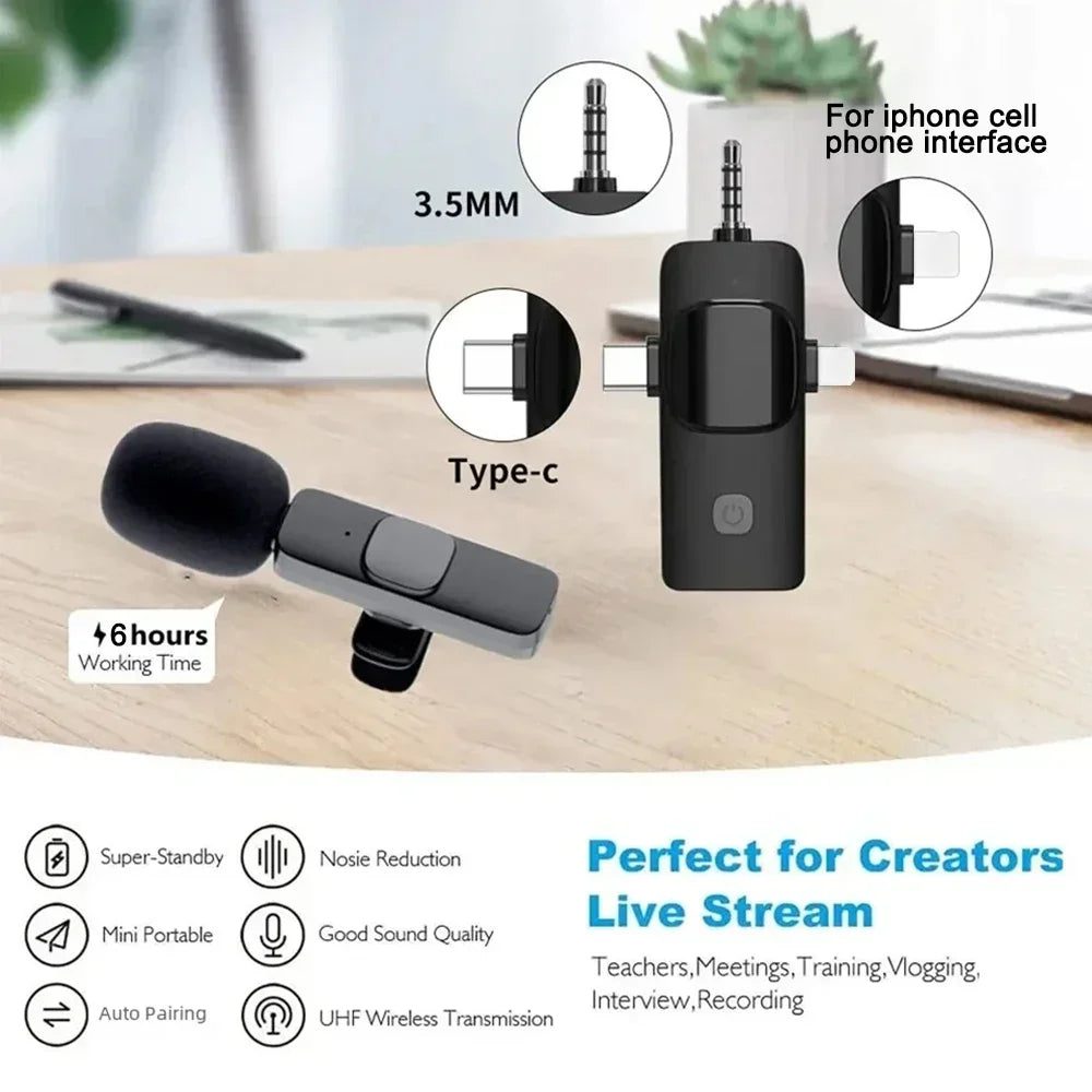Professional 4in1 Wireless Lavalier Microphone for iPhone Android 3.5mm for Live Recording Noise Cancelling Mini Microphon