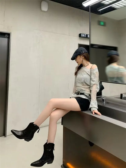 Designer Brand Cowhide Fashion Pointy V-cut Retro Cowboy Boots with Thick Western Ankle Boots for Women Hot Selling