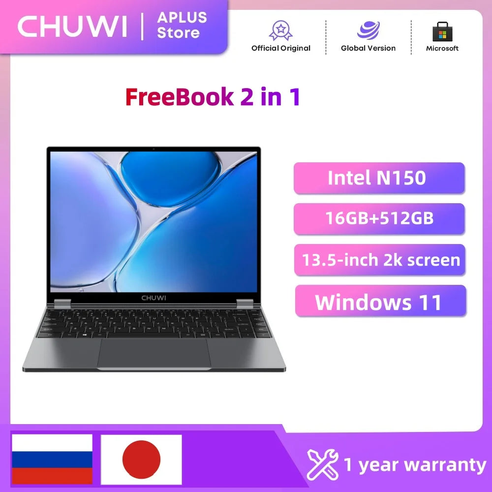 CHUWI FreeBook Ordinateur portable 2-en-1 Tablette 512 Go SSD 16 Go LPDDR5 Intel N150 Écran IPS FHD 13,5" WIFI 6 BT5.2 Windows 11