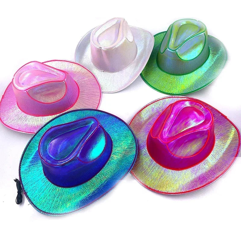 Lights Cowboy Cowgirl Hat with LED Light Up Cap Luminous Western Cowboy Hat Pearlescent Cowgirl Hat for Dancing Party Dress Up