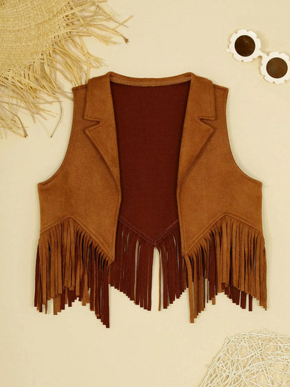 Costume de Cowgirl occidental en daim pour enfants, gilet à franges avec pompons, vêtements de danse, jeu de rôle de fête, gilets de Cowboy