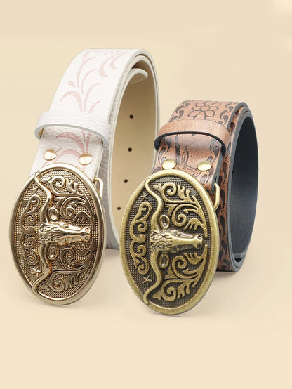 Ceinture décontractée vintage de style cowboy occidental – Boucle sculptée en tête de bœuf et imprimé bohème, parfaite pour les déplacements quotidiens et les tenues de rencontres