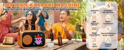 Mini Karaoke Machine for Kids, Portable Bluetooth Karaoke Speaker Unpowered Cabinets with 2 Wireless Microphones for Party